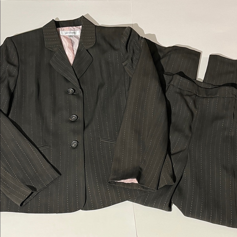 Suit Studio Brown Pink Pinstripe Pantsuit Separates sz 12 Blazer Straight Leg